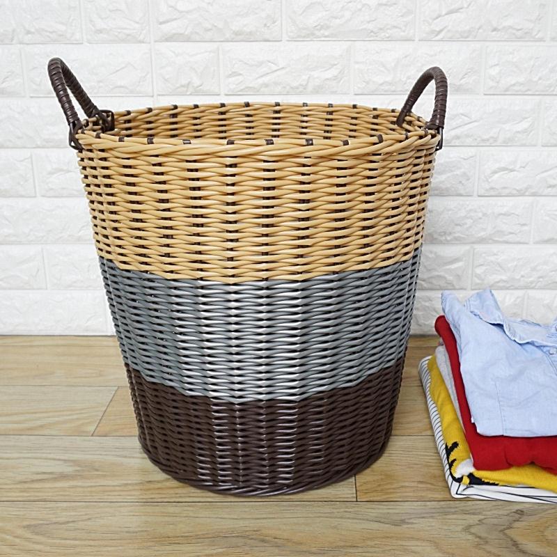 脏衣服收纳筐家用藤编篮子塑料编织篓洗衣桶玩具篮装放衣服的 经典棕米咖色渐变L篮身高34厘米