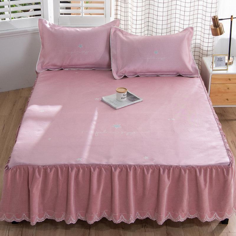 美帮汇冰丝凉席三件套床裙款1.5米床双人软席子可折叠单人空调席夏天 凉感床裙款凉席三件套-心星 1.5m（5英尺）床