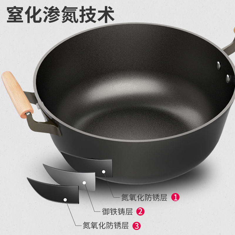 利仁(Liven)32cm大号铸铁炖锅 真不锈双耳铁锅 健康无涂层不粘锅炒锅 电磁炉燃煤气灶通用[带盖]ZT-D3207