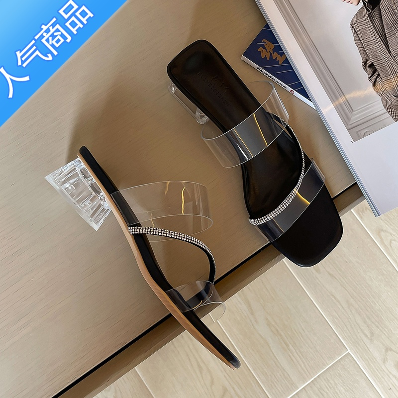 SUNTEK2023夏季新款钻带透明面方头显脚长水晶粗跟凉拖鞋女性感露趾凉鞋