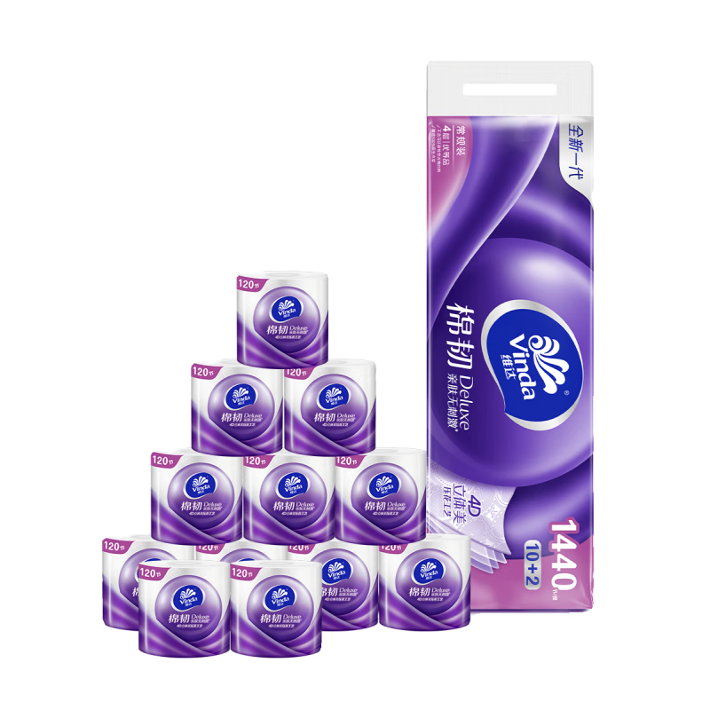 维达 卷纸1440节 4层压花 棉韧立体美有芯卷筒纸 12卷*2提(新老包装随机发货)高清大图