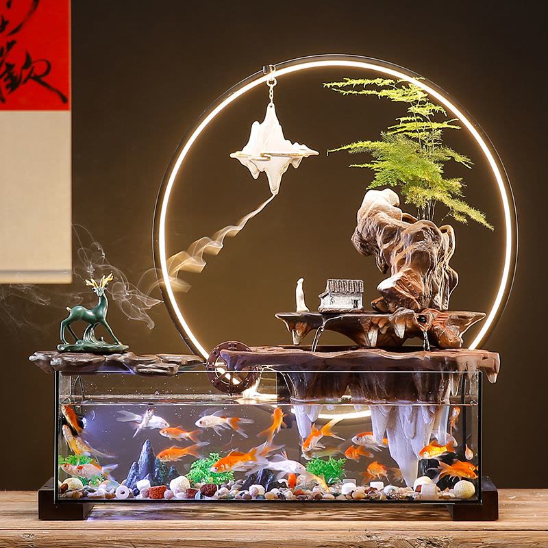 创意免换水生态玻璃鱼缸造景假山流水摆件循环水客厅办公室装饰品图片