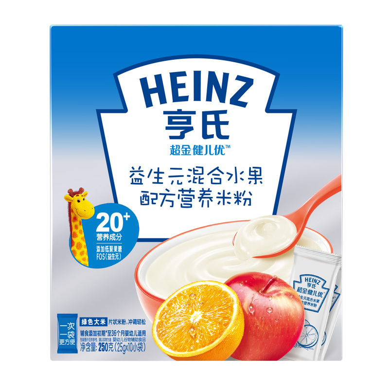 亨氏(Heinz)超金健儿优益生元混合水果配方营养米粉250g 适用辅食添加初期以上 宝宝辅食婴儿米粉米糊2段高清大图