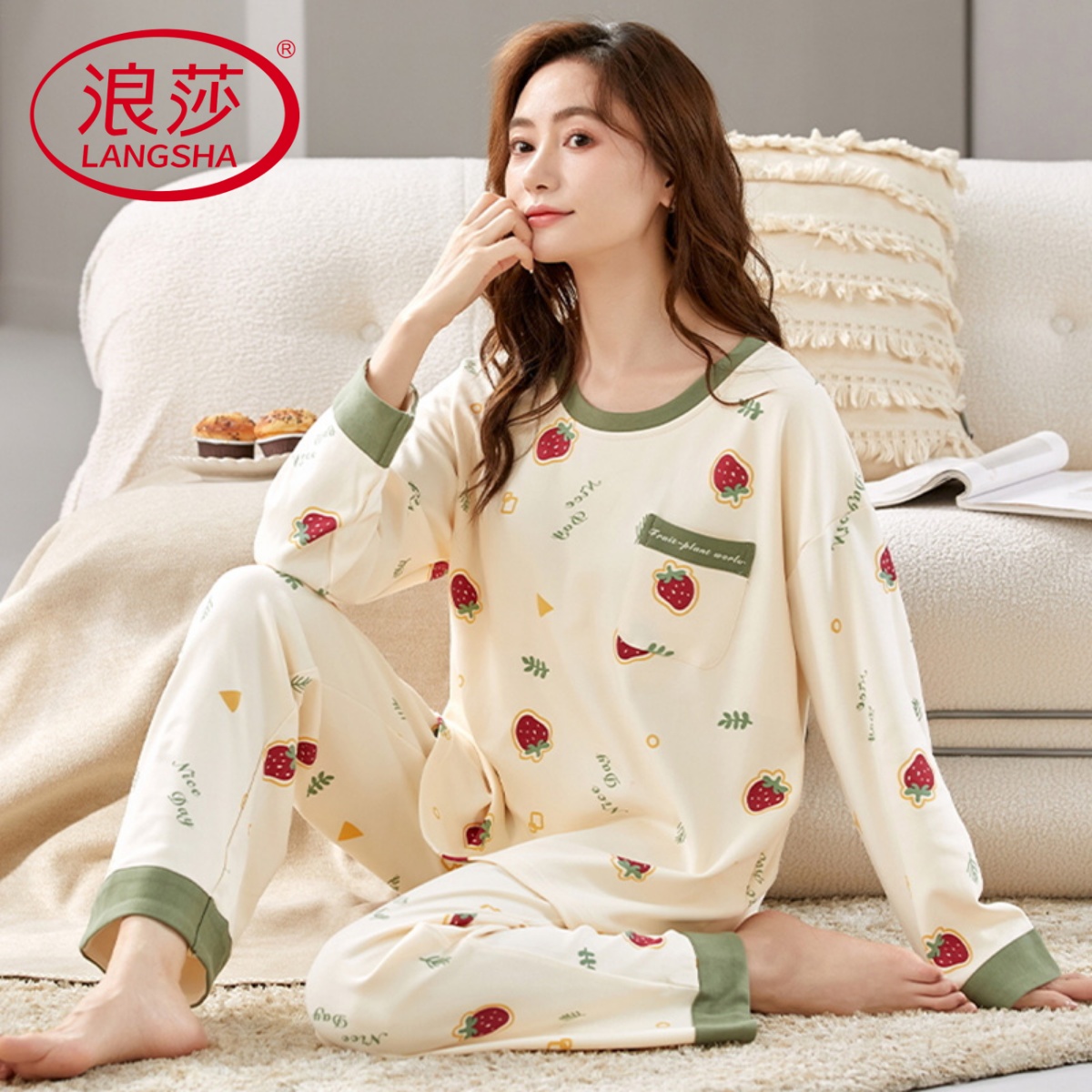 浪莎睡衣女士春秋款2025新款纯棉长袖秋冬可爱休闲全棉家居服套装高清大图