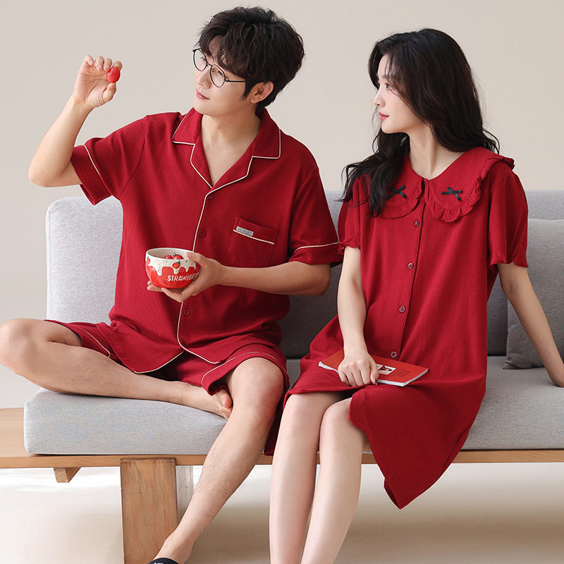 情侣睡衣女夏季仿棉短袖薄款结婚喜庆本命年大红色男士家居服套装高清大图