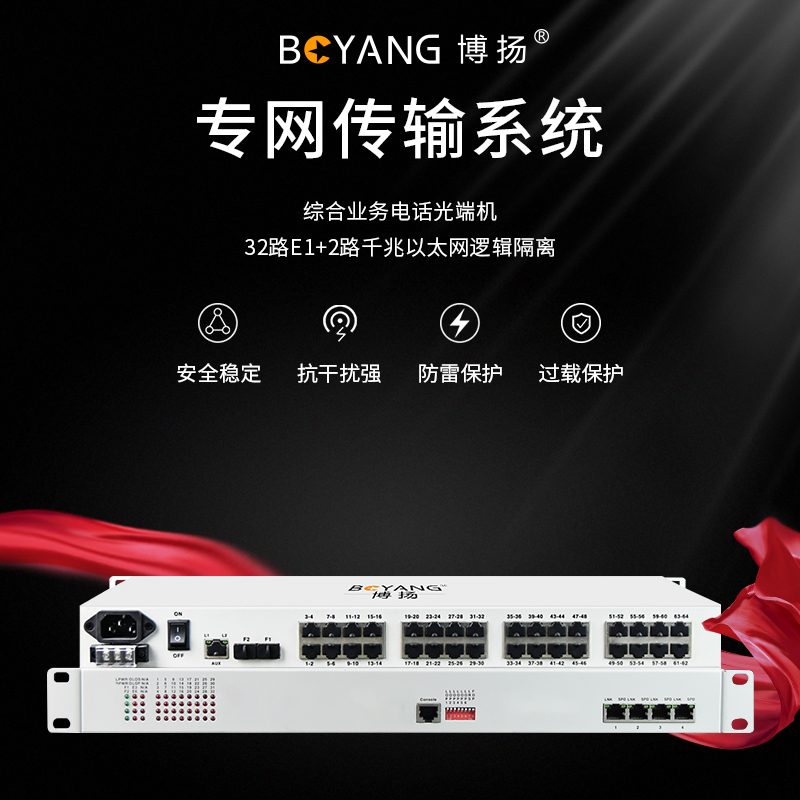 博扬 综合业务光端机32路E1+2路千兆以太网逻辑隔离 双纤120km LC接口机架式BY-32E1-2EV-120KM