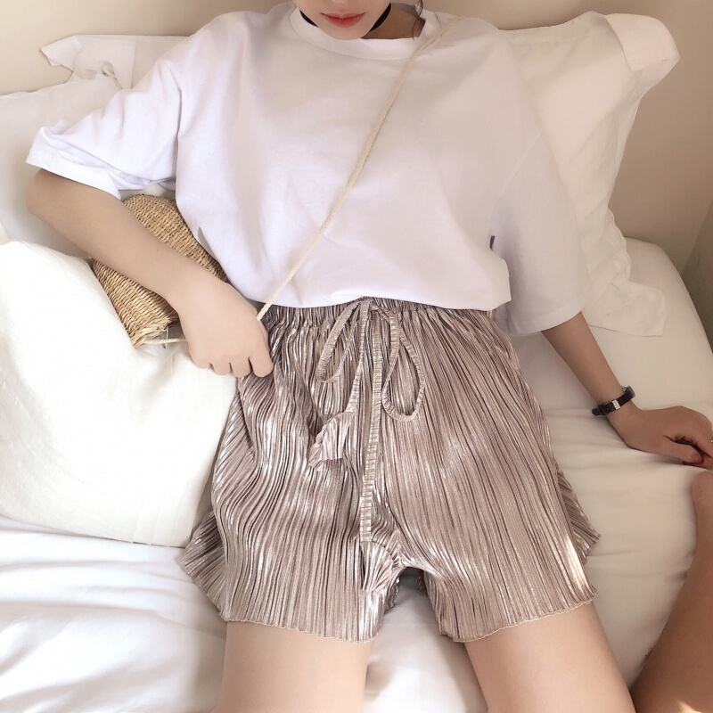 休闲裤女2018夏季韩版chic阔腿裤木耳边百搭海边沙滩宽松舒适短裤图片色