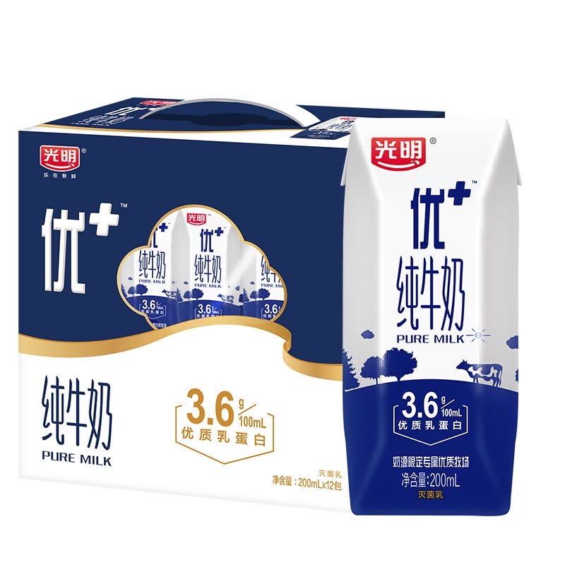光明(GUANGMING)优+纯牛奶200mLX12钻石包礼盒装 箱装普通含钙量全脂牛奶图片