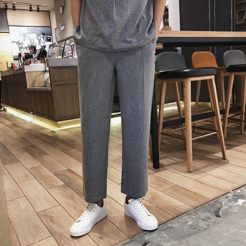 夏款透气舒适亚麻男九分男休闲裤阔腿裤男韩版宽松9分裤休闲裤