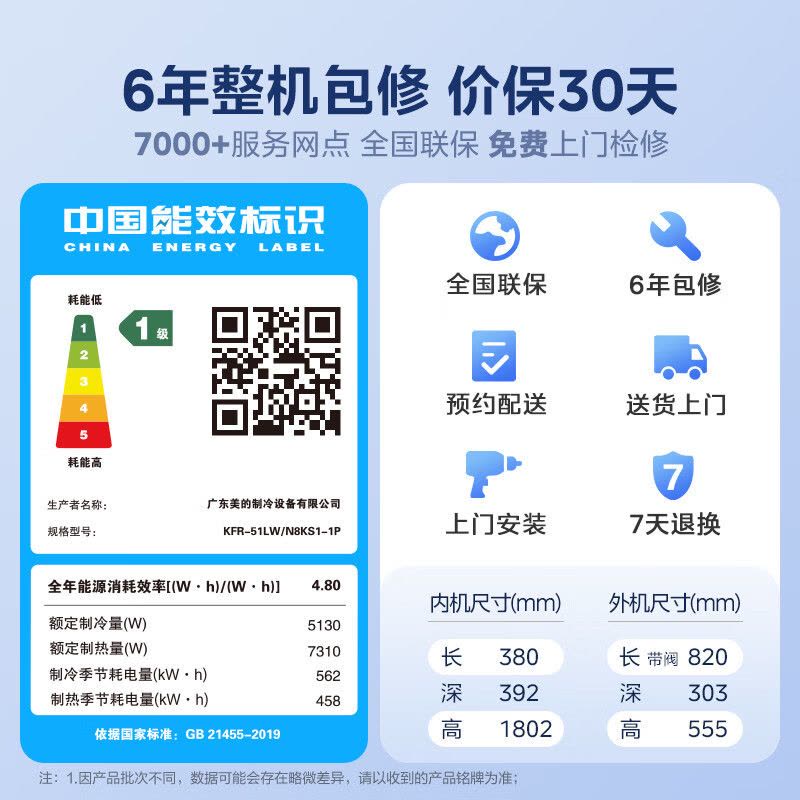 美的(Midea)空调柜机 酷省电新一级能效节能省电变频冷暖智能自清洁家用客厅空调立式KFR-51LW/N8KS1-1P图片