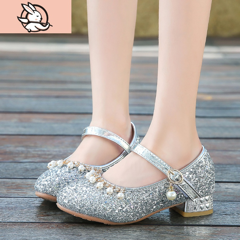 公主鞋女童洋气小女孩儿童高跟鞋亮片单鞋礼服水晶女童演出鞋皮鞋皮鞋