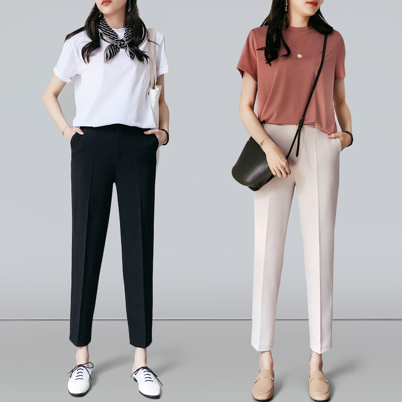 西装哈伦裤女2018春款休闲直筒烟管宽松萝卜裤九分裤子典雅黑不规则