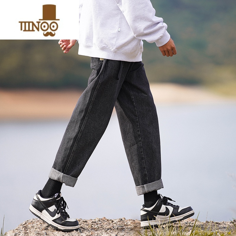 YANXU蓝色牛仔裤男款夏季2023新款美式复古裤子高街潮牌卷边直筒九分裤高清大图