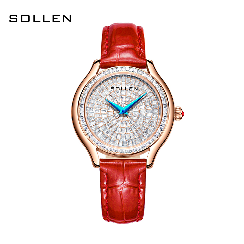 梭伦(SOLLEN)手表女士七夕情人节礼物送礼镶钻满天星时尚简约气质石英女表SL436 玫金红皮