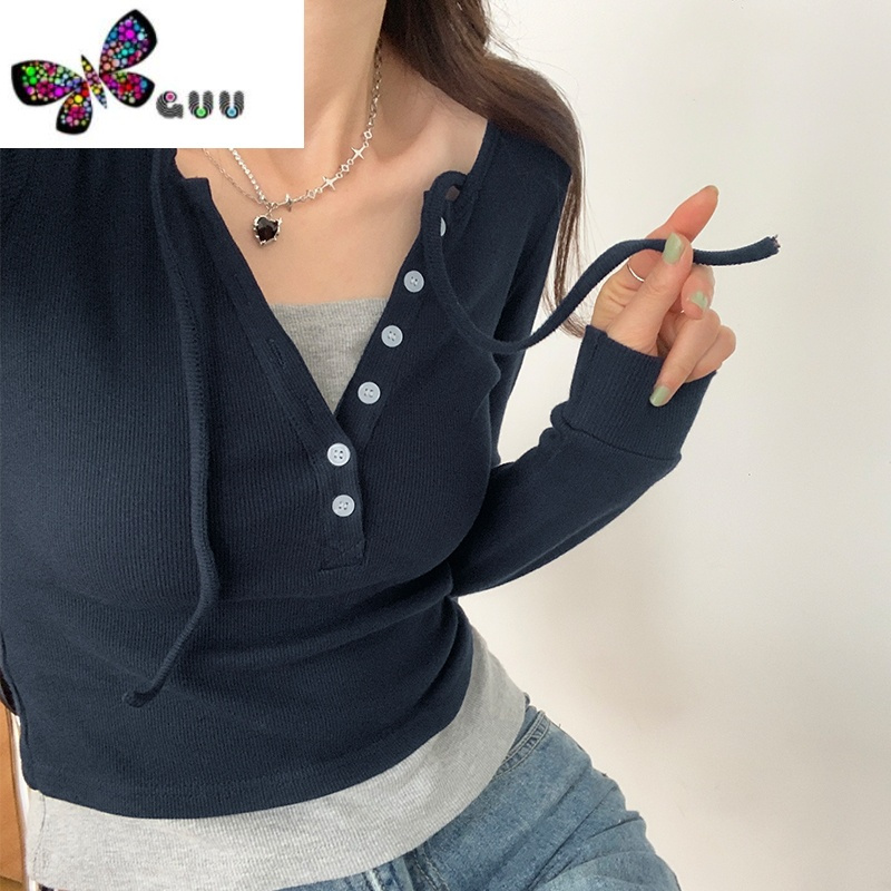 语娄独特假两件t恤女拼色V领挂脖短上衣秋季修身美式辣妹chic打底长袖