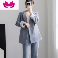 七斓西服套装女休闲胖mm大码宽松显瘦韩系西装职业工装套200斤0 3XL 雾霾蓝长袖春秋款