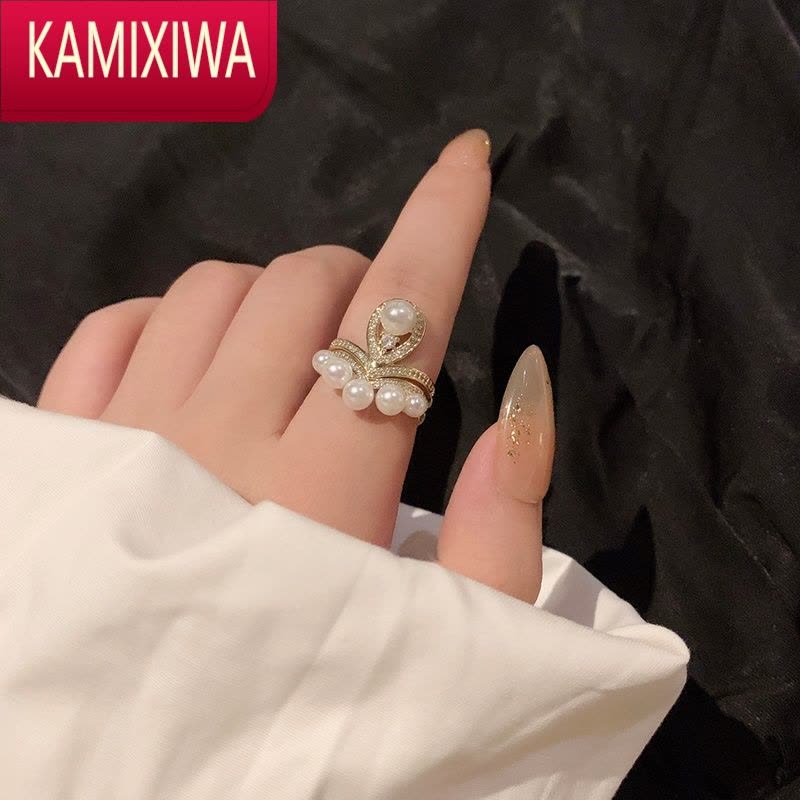 KAMIXIWA气质温柔高级感珍珠皇冠叠戴戒指两件套装闪钻百搭网红食指戒子女图片