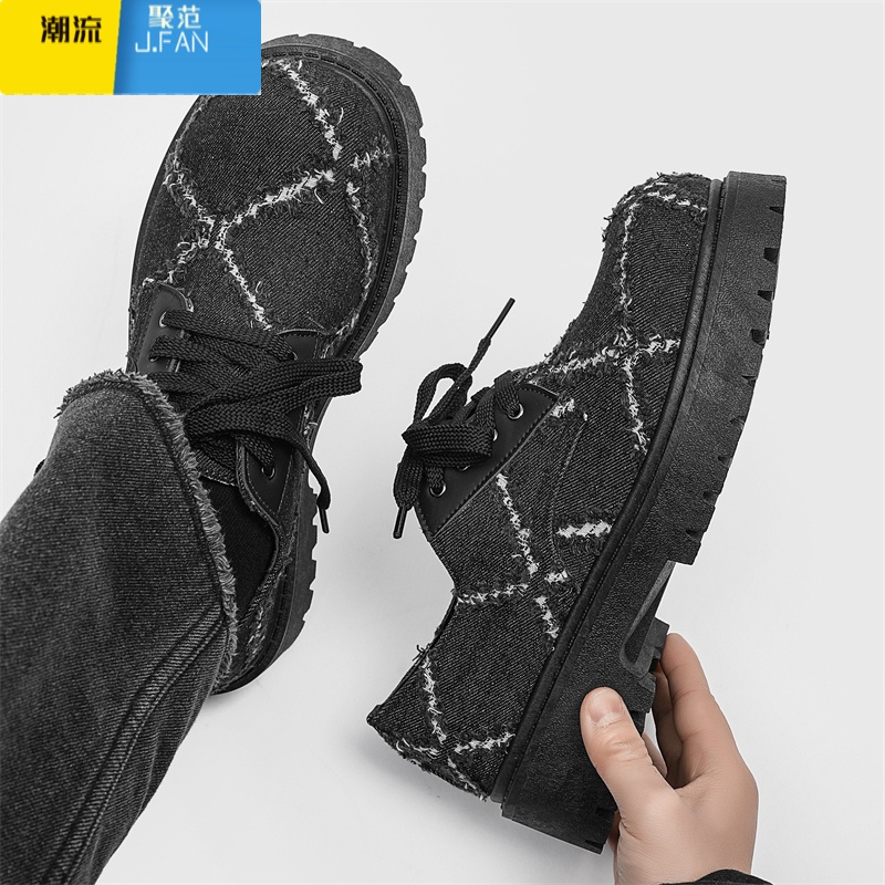 聚范男鞋秋季小众破洞帆布米奇黑色板鞋男厚底增高休闲大头德比鞋高清大图