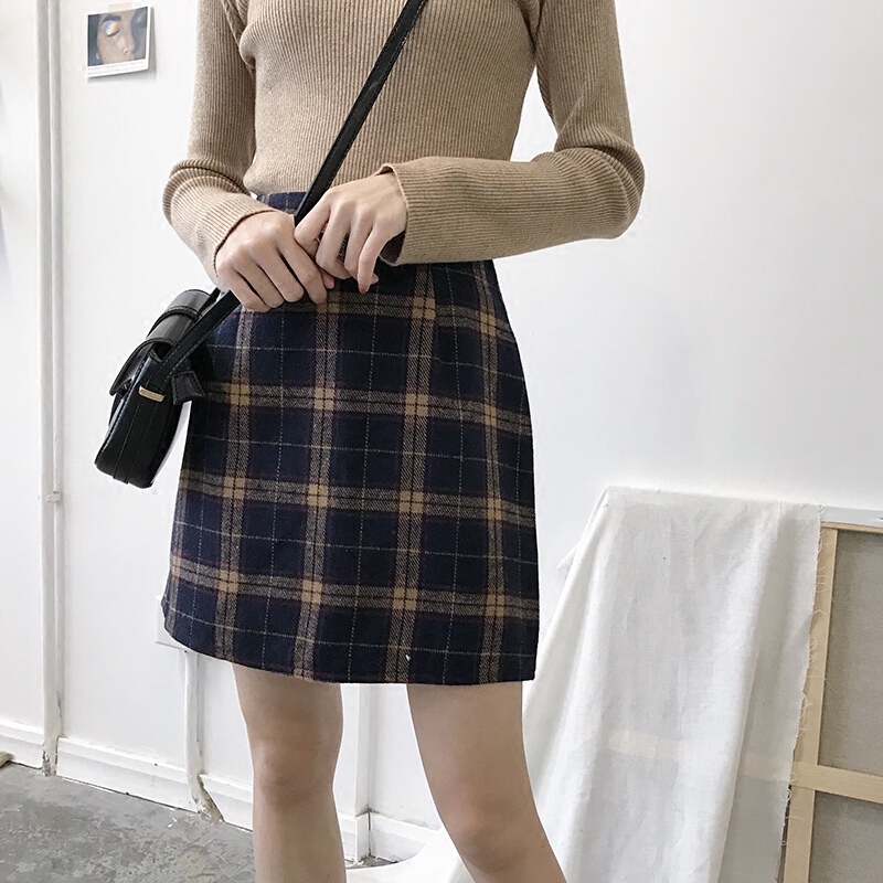 格子裙韩版冬季复古百搭半身裙女高腰显瘦呢子a字裙学生打底短裙