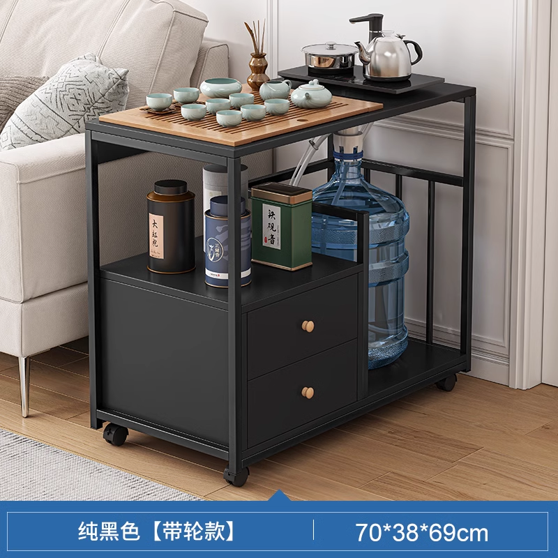 家用小茶台桌子沙发边几侧边柜茶水柜现代简约简易移动小茶几茶桌 双抽带轮款70*38cm黑色+黑架带轮 均码
