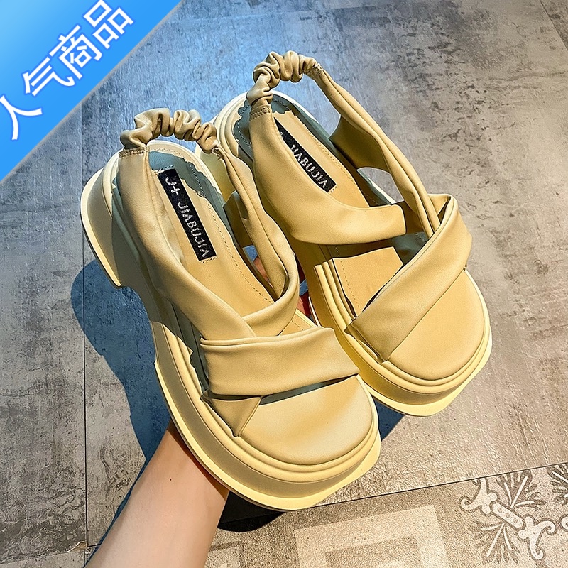 SUNTEK配裙子的凉鞋女2023年夏季新款高级感时尚露趾松糕厚底沙滩罗马鞋 浅黄色 39