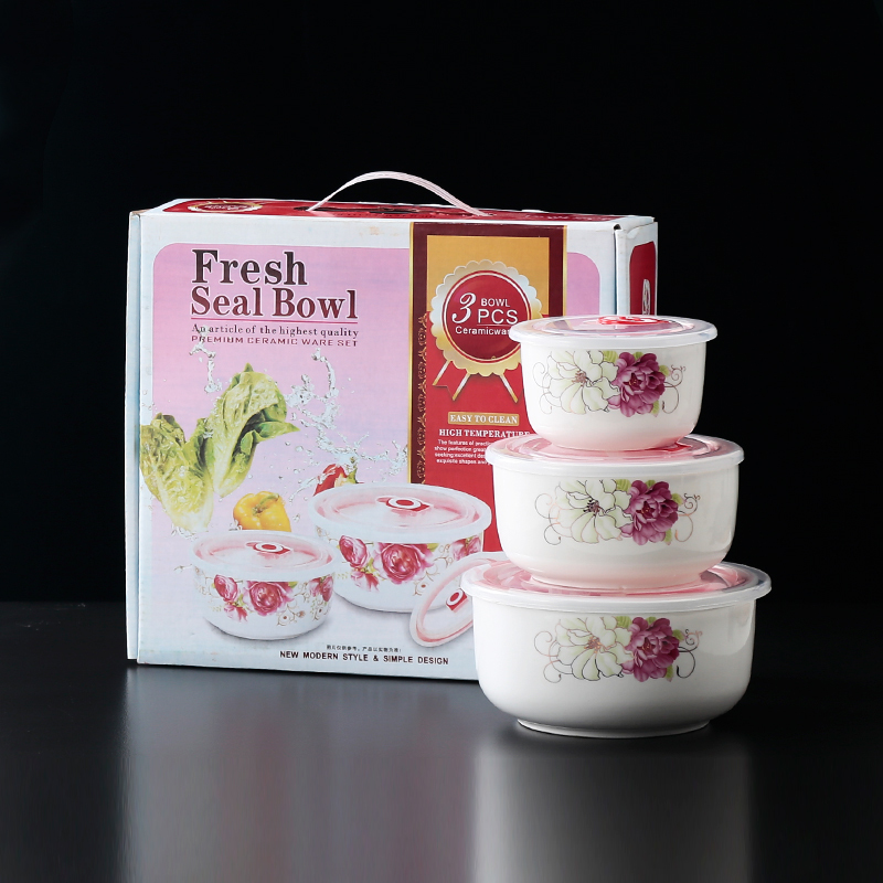 陶瓷保鲜碗三件套装家用便当盒