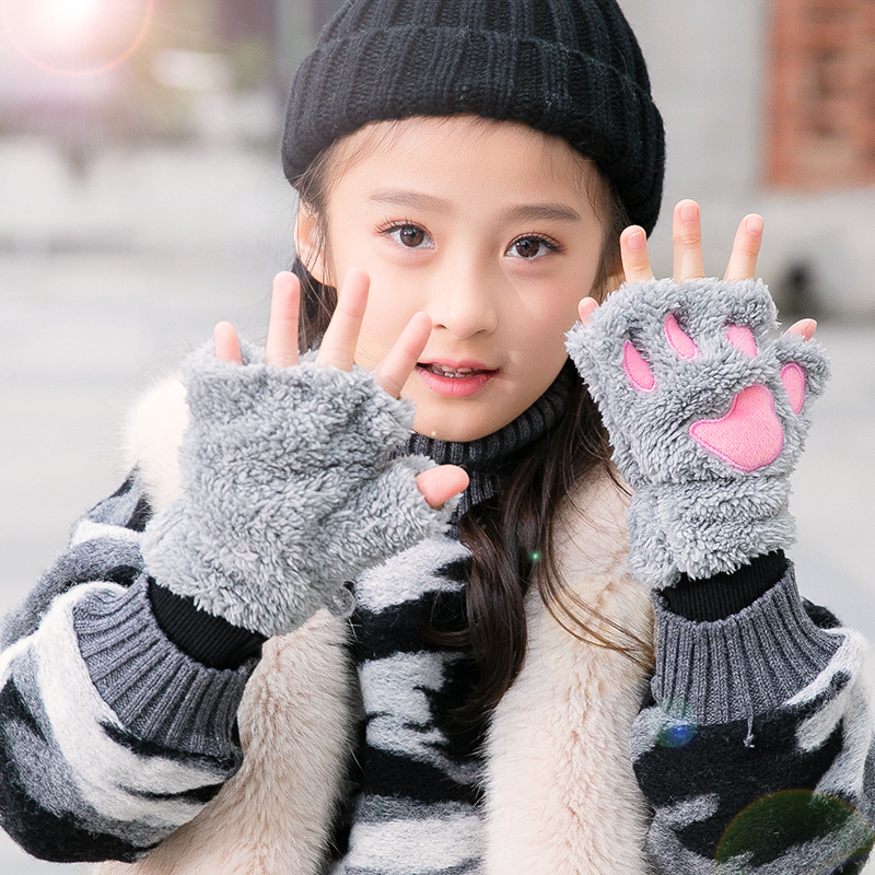 促销612岁儿童手套女冬季女加绒加厚半指带绳可爱小学生猫爪宝宝手套
