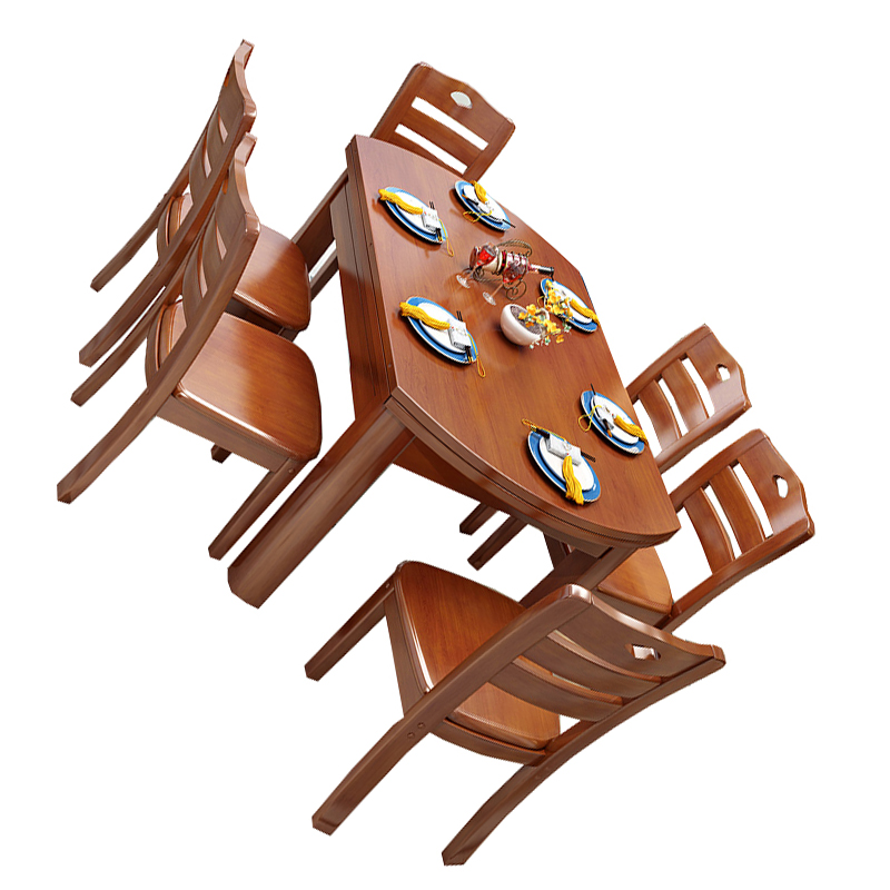 汐实木餐桌海棠色一桌六椅套高清大图