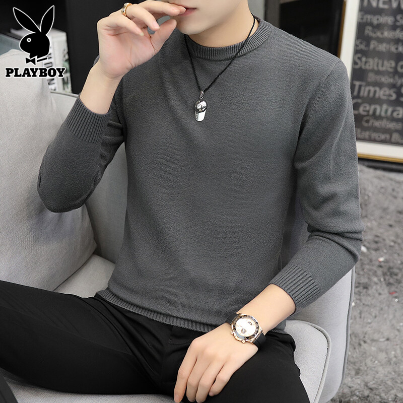 花花公子圆领毛衣男士秋季新款潮流打底针织衫潮流黑色宽松线衣毛高清大图