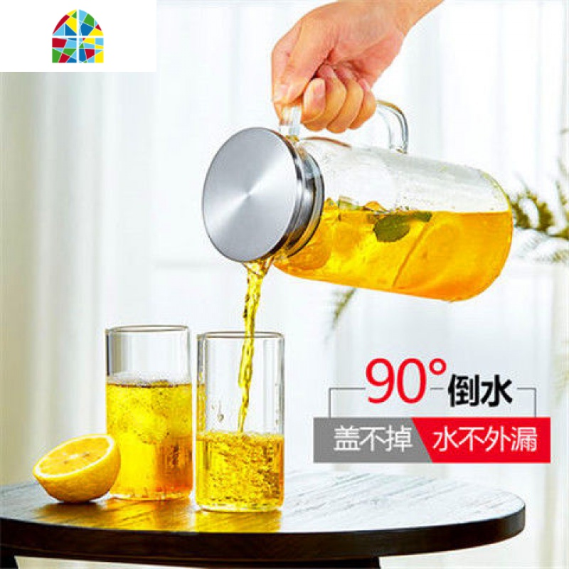 凉水壶玻璃冷水壶套装凉水杯耐热高温过滤泡煮花茶家用大号果汁壶 FENGHOU 2L壶+2园趣单杯高清大图