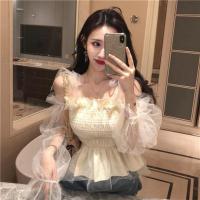 2021春季女装新款chic气质修身网纱拼接泡泡袖收腰假两件雪纺上衣 杏色 均码