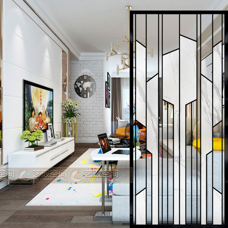 折屏现代简约屏风隔断墙玻璃客厅装饰卧室玄关洗手盆小户型轻奢 黑色2000*950