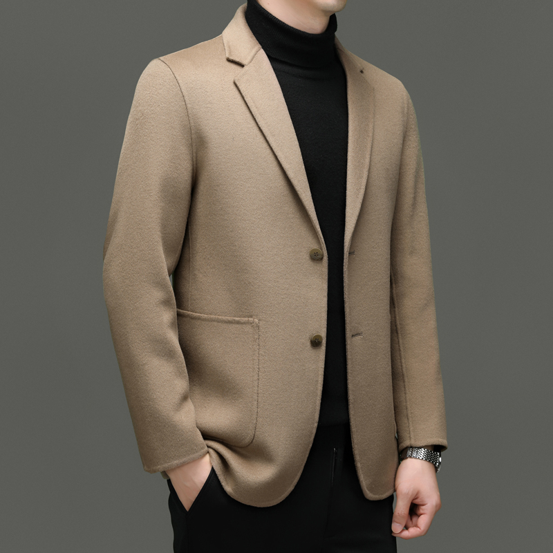 秋冬商务宴会山羊绒西装男毛呢大衣短款外套高端休闲羊毛呢小西服羊绒毛呢双面呢子大衣商务休闲西装外套高清大图