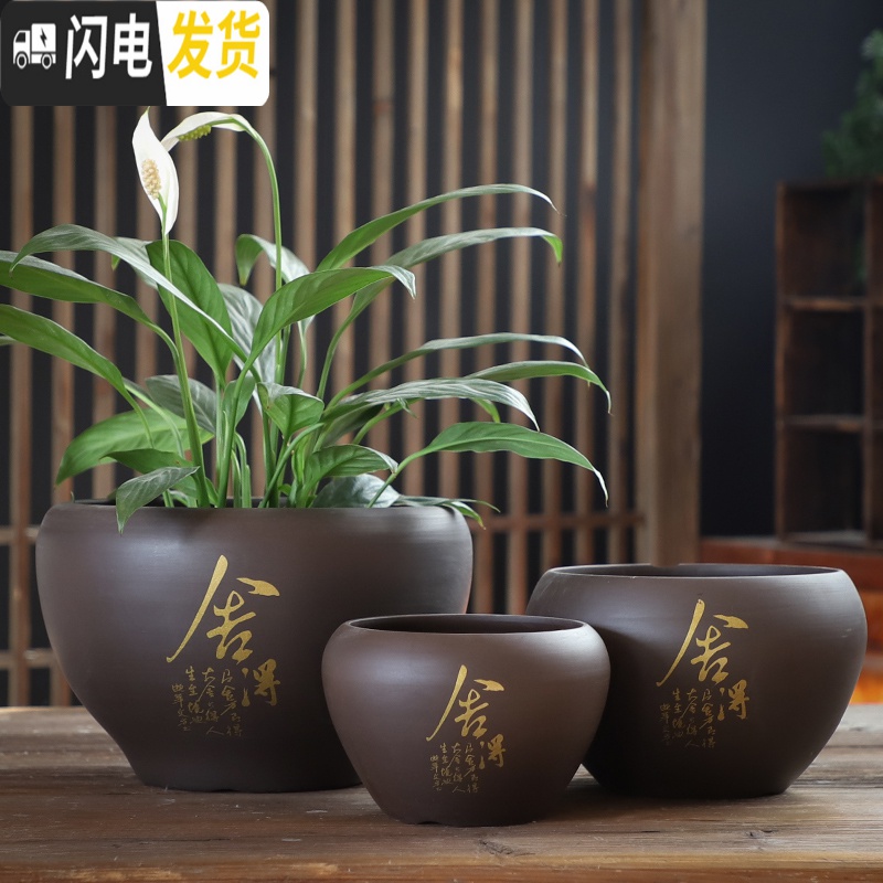三维工匠紫砂花盆陶瓷大号特大蝴蝶兰文竹桌面带托盘创意个性绿萝多花盆栽 玉兰花紫砂单个(送塑料托盘) 中等花盆容器高清大图