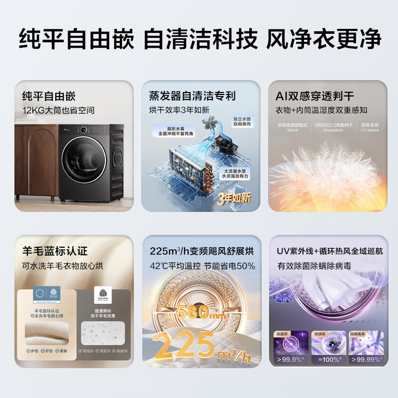 小天鹅(LittleSwan)纯平自由嵌 热泵烘干机家用烘衣服 12KG大容量 变频TH12VH628PLUS高清大图