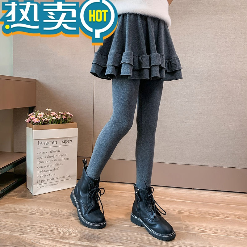 绿彩虹光女童加绒内搭裤裙秋冬装新款儿童加厚假两件裙裤中大童一体绒裤子