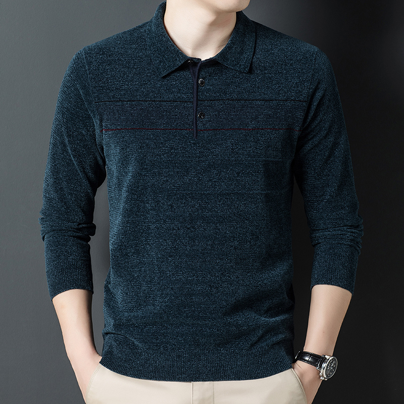 恒源祥中年男士长袖T恤秋季男装薄款翻领含羊毛针织体恤衫爸爸装 墨兰630 165/M