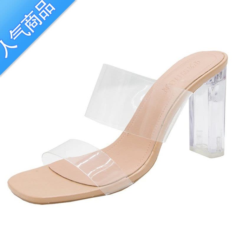 SUNTEK35-45码 大码女鞋44外穿透明一字拖43水晶粗跟凉鞋42高跟鞋男图片