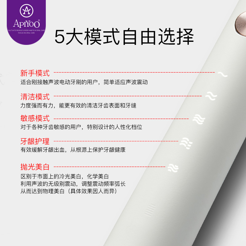 ApiYoo 荷兰艾优电动牙刷成人 P7充电式声波震动牙刷情侣款男女通用(自带2支刷头 磨砂白)
