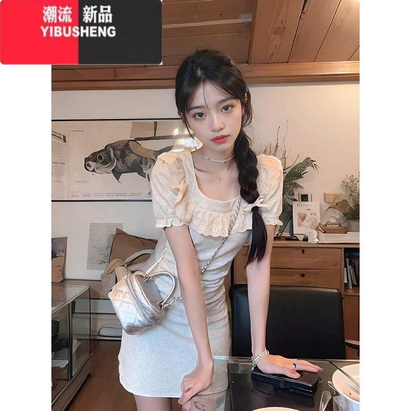 YIBUSHENG法式蕾丝拼接泡泡袖连衣裙2024新款女季气质修身收腰包臀短裙子