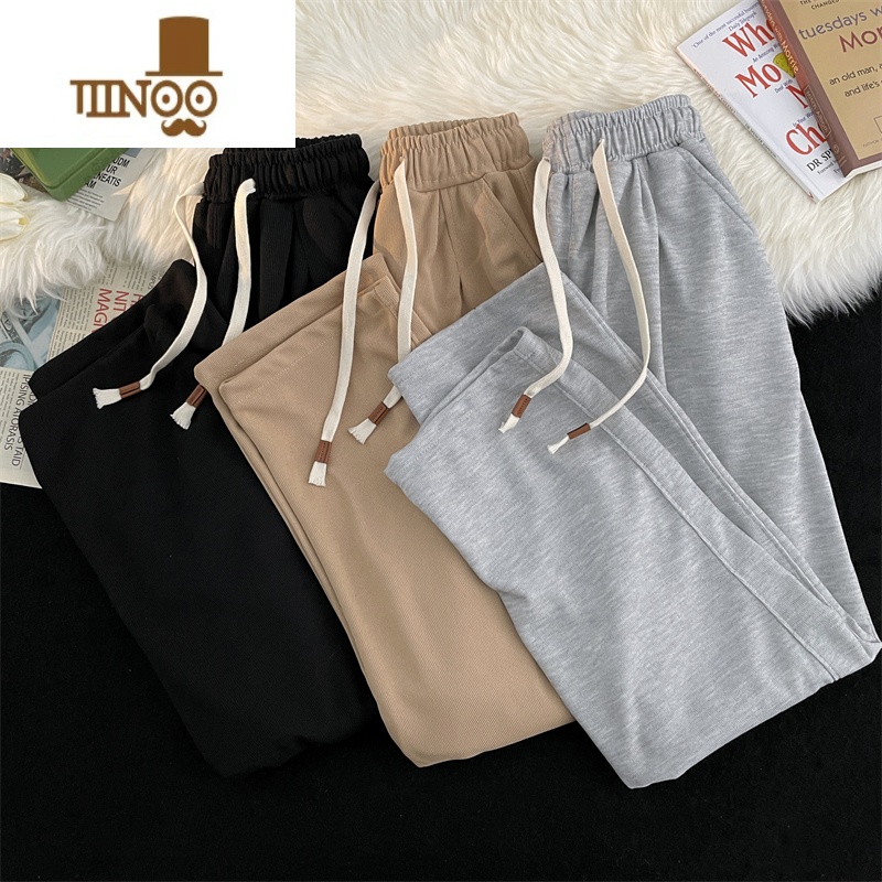 YANXU夏季松紧腰休闲裤男款ins潮牌纯色简约宽松百搭垂感直筒运动长i高清大图