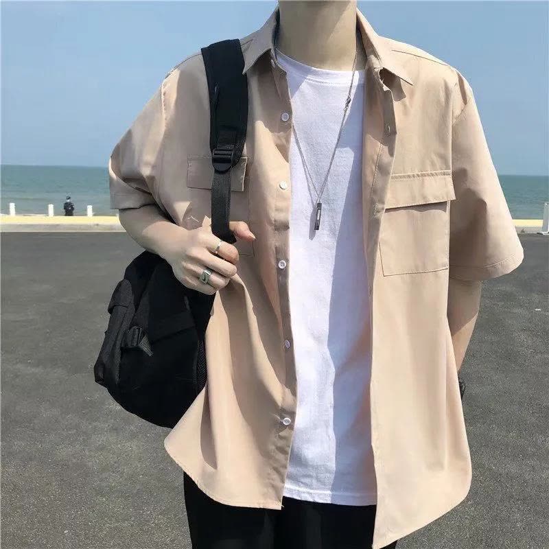 港风ins衬衫男短袖韩版纯色工装衬衣潮流夏季薄款五分半袖日 莎丞图片