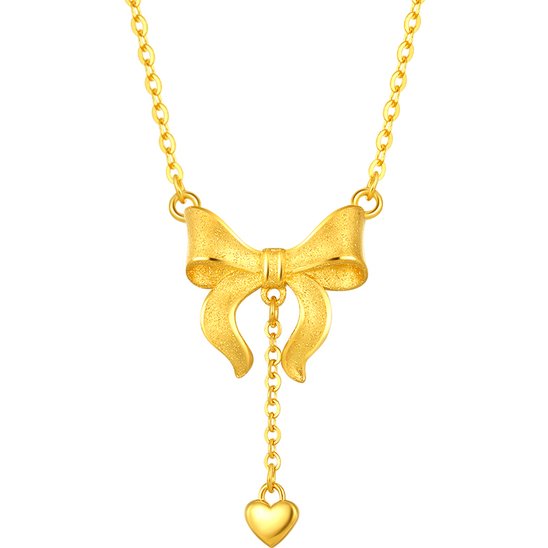新金珠宝足金999吊坠项链5g工艺流苏设计爱心蝴蝶结套链自戴节日礼物