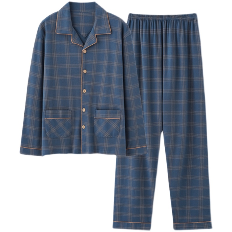 浪莎纯棉睡衣男士春秋季长袖套装全棉薄款格子大码可外穿家居服男高清大图