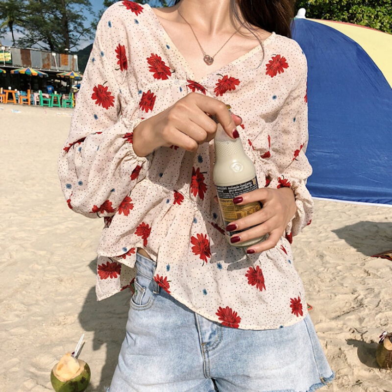夏装韩版女装百搭V领灯笼袖雪纺衫显瘦复古印花衬衫学生衬衣女 图片色 均码