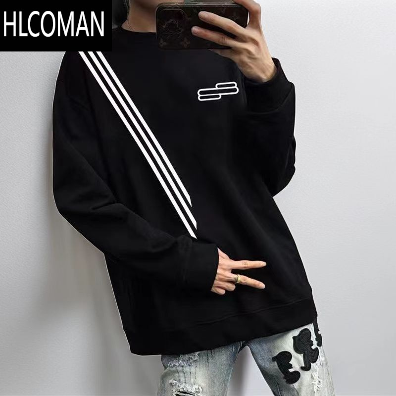 HLCOMAN快手网红加绒加厚t恤长袖潮牌新款斜肩三杠条纹卫衣男潮流痞帅男