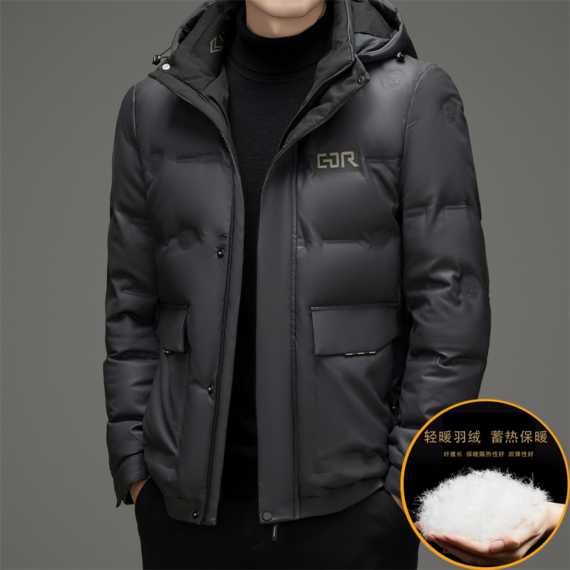 冬季海宁真皮羽绒服男短款绵羊皮衣夹克连帽加肥加大外套加厚带帽皮衣羽绒服男冬季保暖加肥大码宽松肥佬休闲可卸帽免洗皮羽绒外套 999灰色 185-2XL