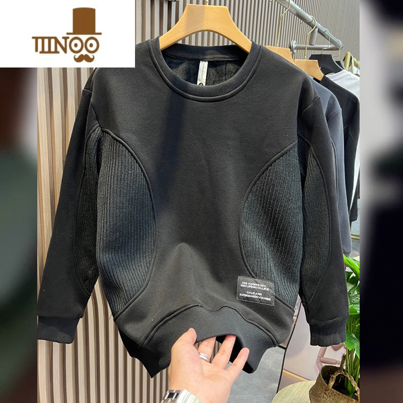 YANXU卫衣男2023新款宽松百搭圆领拼接休闲美式冬装加绒上衣潮牌高清大图