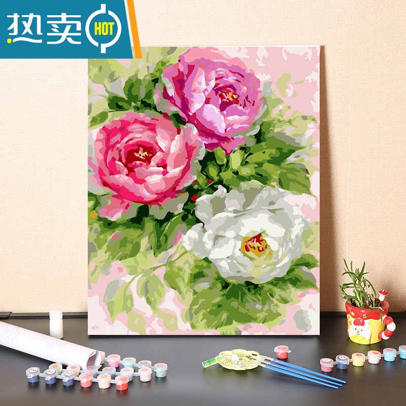 敬平数字油画diy填充手工填色消磨时间花开季节装饰涂色丙烯油彩画画装饰画 1027花开富贵 60*75绷好内框厚内框彩版画布+颜料+画笔+安装配件
