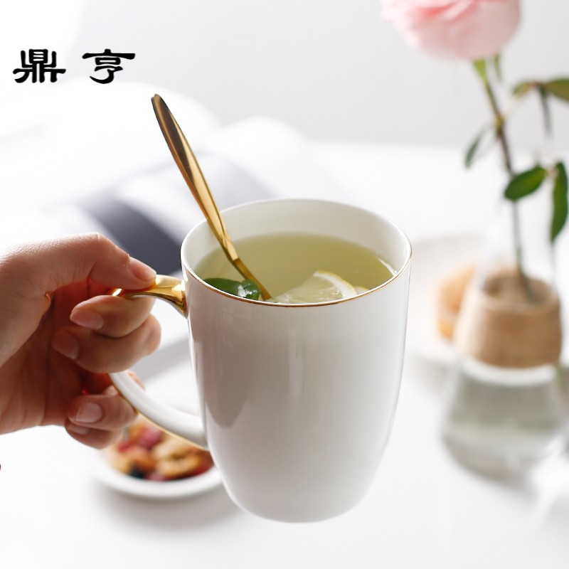 鼎亨 意式大号马克杯带盖勺 骨瓷大容量咖啡杯描金陶瓷水杯杯子